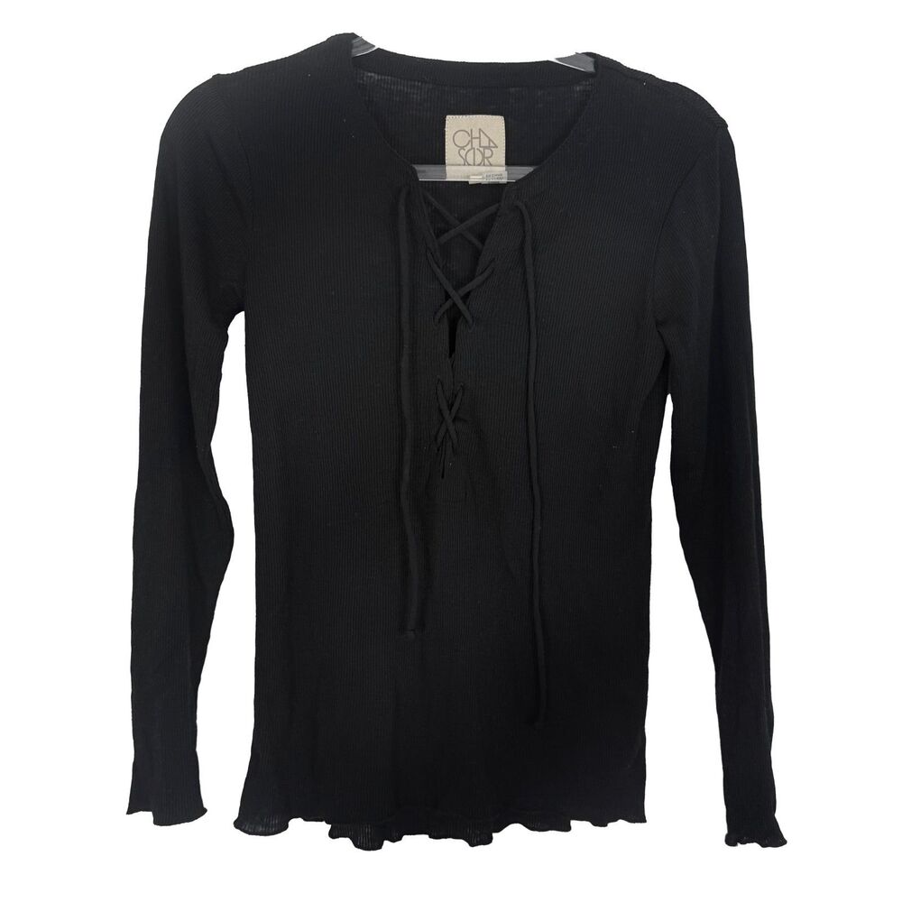 CHASER Lace Up Long Sleeve Ribbed Lightweight Knit Top XS Black EUC B37